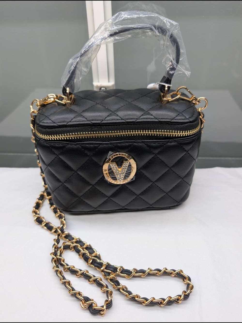 Valentino Orlandi Quilted Black Crossbody Box Bag with Gold Chain